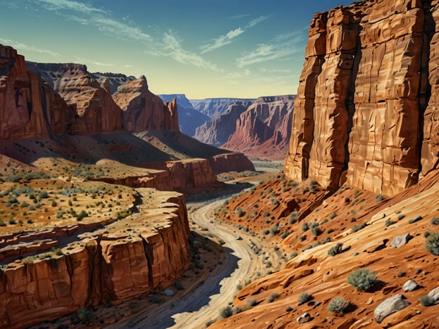 Auf dem Bild ist eine atemberaubende canyonartige Landschaft zu sehen, die geprägt ist von roten Felsen und steilen Klippen. Diese spektakulären Canyons sind oft durch Erosion entstanden, wobei Wasser und Wind über Jahrtausende hinweg die weichen Gesteinsschichten abgetragen haben. Die geologischen Wunder dieses Gebiets zeigen beeindruckende Formationen und Farben, die typisch für viele Wüstenlandschaften sind. Die kurvenreiche Straße im Tal lässt darauf schließen, dass diese Region oft von Wanderern und Naturbegeisterten besucht wird, die die Schönheit und die einzigartigen geologischen Merkmale der Gegend erkunden möchten.