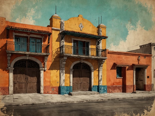 Auf dem Bild sind farbenfrohe Gebäude zu sehen, die typisch für die Architektur des El Fuerte in Mexiko sind. Die Fassaden sind in lebhaften Farben gestaltet, darunter Gelb, Orange und Blau. Die Verwendung von Holz für die Türen und die Balkone sowie die typisch mexikanische Schmiedekunst, die in den Geländern sichtbar ist, spiegeln den kolonialen Baustil wider. Die Strukturen zeigen zudem üppige Verzierungen und geschwungene Linien, die die lokale Baukunst charakterisieren. Insgesamt vermittelt das Bild eine einladende Atmosphäre und die kulturelle Identität der Region.