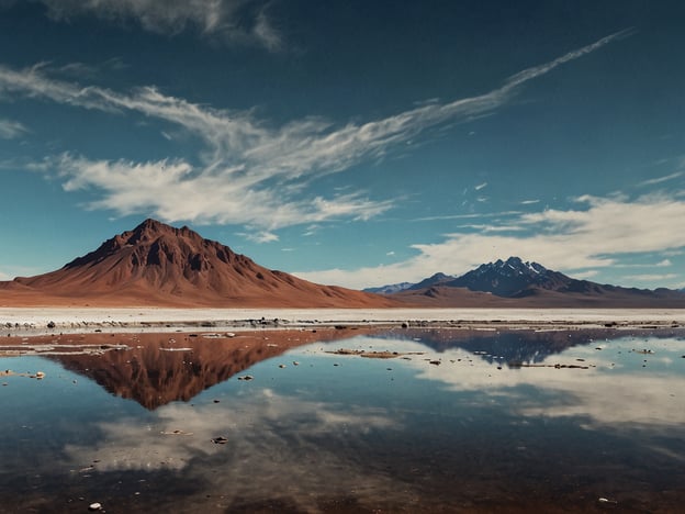 Auf dem Bild ist eine beeindruckende Landschaft des Salar de Uyuni zu sehen, des größten Salzsees der Welt, der in Bolivien liegt. Die Aufnahme zeigt majestätische Berge, deren reflektierte Bilder im Wasser des Salzsees zur Geltung kommen. Der Kontrast zwischen dem blauen Himmel und den roten Erdtönen schafft eine faszinierende Atmosphäre. Diese einzigartige Szenerie ist ein Beispiel für die erstaunliche Schönheit der Natur und zieht Besucher aus aller Welt an, die die surrealen Landschaften und ihre Ruhe erleben möchten. Die spiegelnden Wasserflächen verstärken das Gefühl von Unendlichkeit und bieten spektakuläre Fotomöglichkeiten.