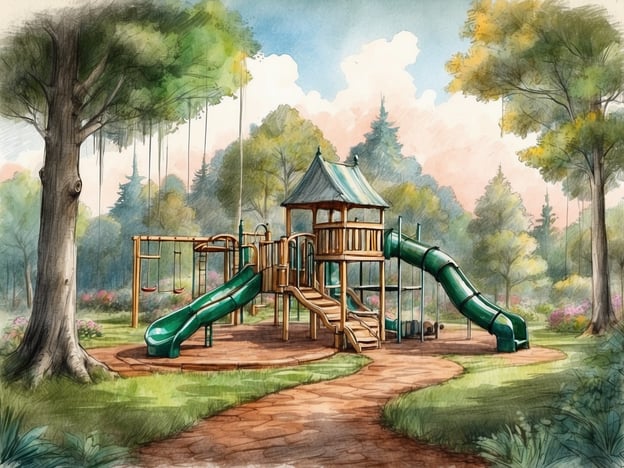 Auf dem Bild ist ein Spielplatz im Wald zu sehen, mit einer Struktur, die Rutschen und Schaukeln umfasst, umgeben von Bäumen und einer malerischen Landschaft. 

Der Waldspielplatz Zwieselstein ist ein Ort, an dem Kinder in der Natur spielen und sich austoben können. Solche Plätze sind oft so gestaltet, dass sie die Umgebung und die natürlichen Elemente integrieren, um ein sicheres und ansprechendes Spielumfeld zu bieten.