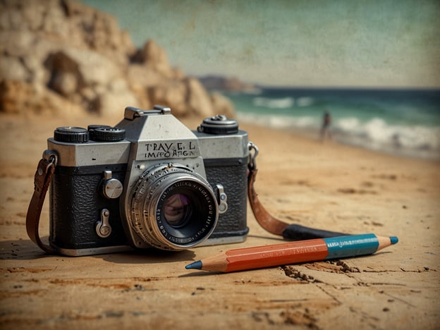 Auf dem Bild sieht man eine Kamera, die auf einem sandigen Strandboden platziert ist. Neben der Kamera liegen ein blauer und ein roter Buntstift. Im Hintergrund sind sanfte Wellen des Meeres und einige verschwommene Menschen zu sehen, die den Strand genießen.

Hier sind einige Tipps, wie du Erinnerungen mit nach Hause nehmen kannst:

1. **Wähle den richtigen Winkel**: Achte darauf, die Kamera aus verschiedenen Blickwinkeln zu halten, um interessante Perspektiven festzuhalten. 

2. **Fange Details ein**: Nimm Nahaufnahmen von kleinen Dingen, wie Sandkörnern oder Muscheln, die besondere Erinnerungen wecken können.

3. **Nutze das Licht**: Fotografiere während der goldenen Stunde, wenn das Licht weich und warm ist, um stimmungsvolle Bilder zu erzeugen.

4. **Erstelle eine Geschichtenreihe**: Mache Fotos, die eine Geschichte erzählen, von der Ankunft bis zu besonderen Momenten am Strand.

5. **Experimentiere mit Komposition**: Spiele mit der Platzierung der Kamera und den Objekten im Bild, um ein ansprechendes Gesamtbild zu schaffen.

Diese Tipps helfen dabei, die Erinnerungen an den Strandbesuch auf kreative Weise festzuhalten!