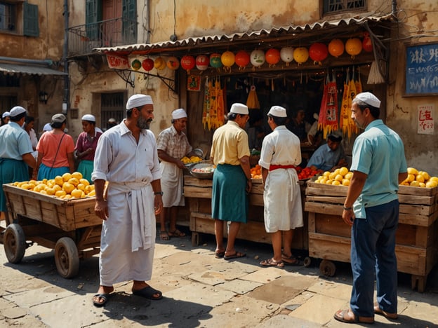 Auf dem Bild ist ein lebhafter Marktplatz zu sehen, der mit verschiedenen Obstständen reich bestückt ist. Die Menschen, die in traditioneller Kleidung gekleidet sind, scheinen frisches Obst zu verkaufen und zu kaufen, was ein typisches Bild für lokale Märkte in vielen Kulturen ist.

Kulturell gesehen reflektiert dieser Markt die lebendige Geschäftigkeit und die sozialen Interaktionen, die in vielen Städten zu beobachten sind. Solche Märkte sind oft ein Zentrum des kulturellen Austausches, wo nicht nur Lebensmittel gehandelt werden, sondern auch Geschichten und Traditionen weitergegeben werden.

In Bezug auf die lokale Gastronomie bietet ein solcher Markt zahlreiche frische Zutaten, die in traditionellen Gerichten verwendet werden. Beispielsweise könnten die frischen Früchte für regionale Desserts oder Snacks verwendet werden, während Gemüse und Gewürze die Basis für herzhafte Speisen bilden. Märkte wie dieser sind entscheidend für die Ernährung und die kulinarische Identität einer Region.