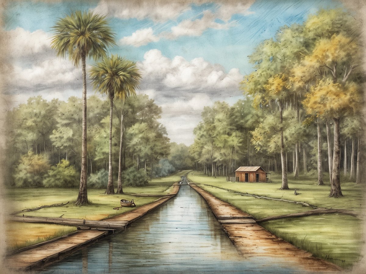 Eine malerische Landschaft in Louisiana mit einem ruhigen Wasserweg, der von einem kleinen Boot und einem Holzsteg gesäumt wird. Hohe Palmen und üppige Bäume flankieren den Kanal, während eine rustikale Holzhütte am Ufer steht. Der Himmel ist klar mit sanften Wolken, wodurch eine friedliche und einladende Atmosphäre entsteht. Diese Szene vermittelt den Charme und die natürliche Schönheit der Region.