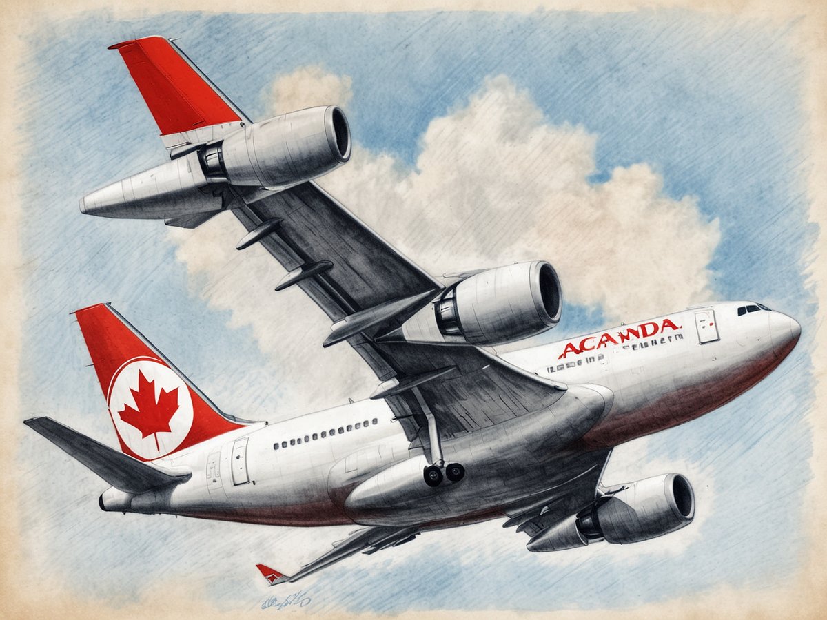 Ein Flugzeug von Air Canada fliegt hoch am Himmel, die Unterseite des Flugzeugs ist gut zu sehen. Es hat eine rote Heckflosse mit dem kanadischen Ahornblatt-Symbol und die Schriftzüge von Air Canada sind auf dem Flugzeugkörper deutlich sichtbar. Der Hintergrund zeigt einen blauen Himmel mit einigen weißen Wolken.