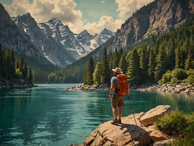 Auf dem Bild ist eine beeindruckende Naturlandschaft mit einem Wanderer zu sehen, der an einem ruhigen See steht, umgeben von majestätischen Bergen und dichten Wäldern. Diese Szenerie lädt sowohl Abenteuerlustige als auch Entspannungssuchende ein.

Für Abenteuerlustige könnte eine Wanderung entlang des Ufers zu verborgenen Aussichtspunkten oder Wasserfällen eine spannende Aktivität sein. Zudem wäre das Kajakfahren auf dem klaren Wasser eine aufregende Möglichkeit, die Landschaft aus einer anderen Perspektive zu genießen.

Entspannungssuchende könnten sich am Ufer niederlassen, die frische Luft einatmen und die Stille der Natur genießen. Ein Picknick oder einfaches Meditieren in dieser friedlichen Umgebung würde helfen, Stress abzubauen und neue Energie zu tanken.