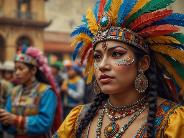 Auf dem Bild ist eine Frau in traditioneller Kleidung mit bunten Federn und auffälligem Schmuck zu sehen, die vermutlich während eines Festes oder Karnevals teilnimmt. Diese Art von Kostüm erinnert an den Oruro-Karneval in Bolivien, der für seine lebhaften Umzüge und kulturellen Darbietungen bekannt ist. 

Der Oruro-Karneval hat eine lange Geschichte, die bis in die vorkolumbianische Zeit zurückreicht. Ursprünglich war er ein religiöses Fest, das den Anden-Göttern gewidmet war. Mit der Ankunft der spanischen Kolonialisten vermischten sich indigene und europäische Traditionen, was zu der bunten und vielfältigen Feier führte, die wir heute sehen. Der Karneval ist auch für seine Tanzgruppen und theatralischen Darstellungen bekannt, die die Geschichte und Kultur der Region widerspiegeln.