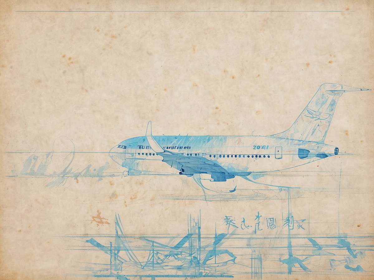 Eine in Wasserfarben gezeichnete Illustration eines Flugzeugs mit der Aufschrift TUI. Der Hintergrund ist papierartig und hat beige Tonwerte mit leichten Farbverläufen. Unter dem Flugzeug sind schematische Darstellungen von Flughafenstrukturen und Flugzeugen sichtbar. Das Bild vermittelt ein Gefühl von Reisefreude und Abenteuer, ideal für die Werbung von Sommerurlaubszielen.