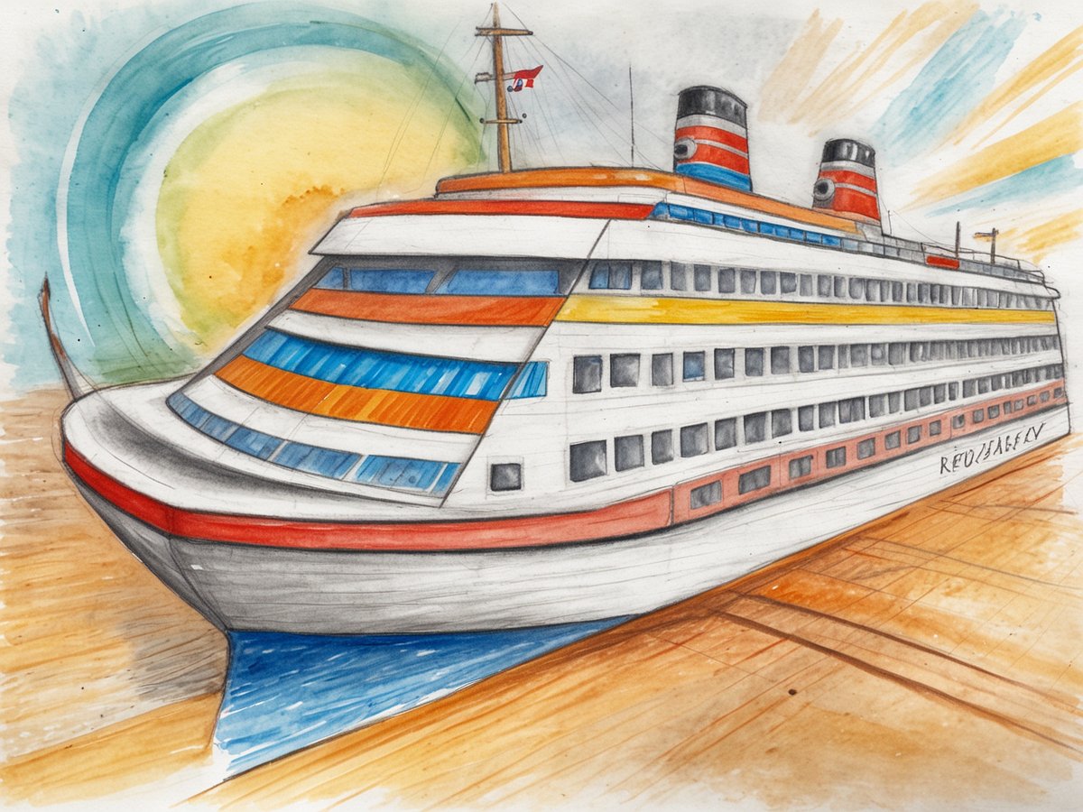 Das Bild zeigt ein großes Kreuzfahrtschiff, das stilisiert und farbenfroh gezeichnet ist. Das Schiff hat mehrere Decks mit großen Fenstern und markanten Farben wie rot, orange und blau. Im Hintergrund ist eine helle Sonne zu sehen, die eine warme Atmosphäre schafft, während das Wasser am Bug des Schiffes sanft plätschert. Der Boden wirkt, als wäre das Schiff gerade an einem Hafen angekommen oder verlässt diesen. Die Darstellung vermittelt ein Gefühl von Abenteuer und Entspannung auf See.