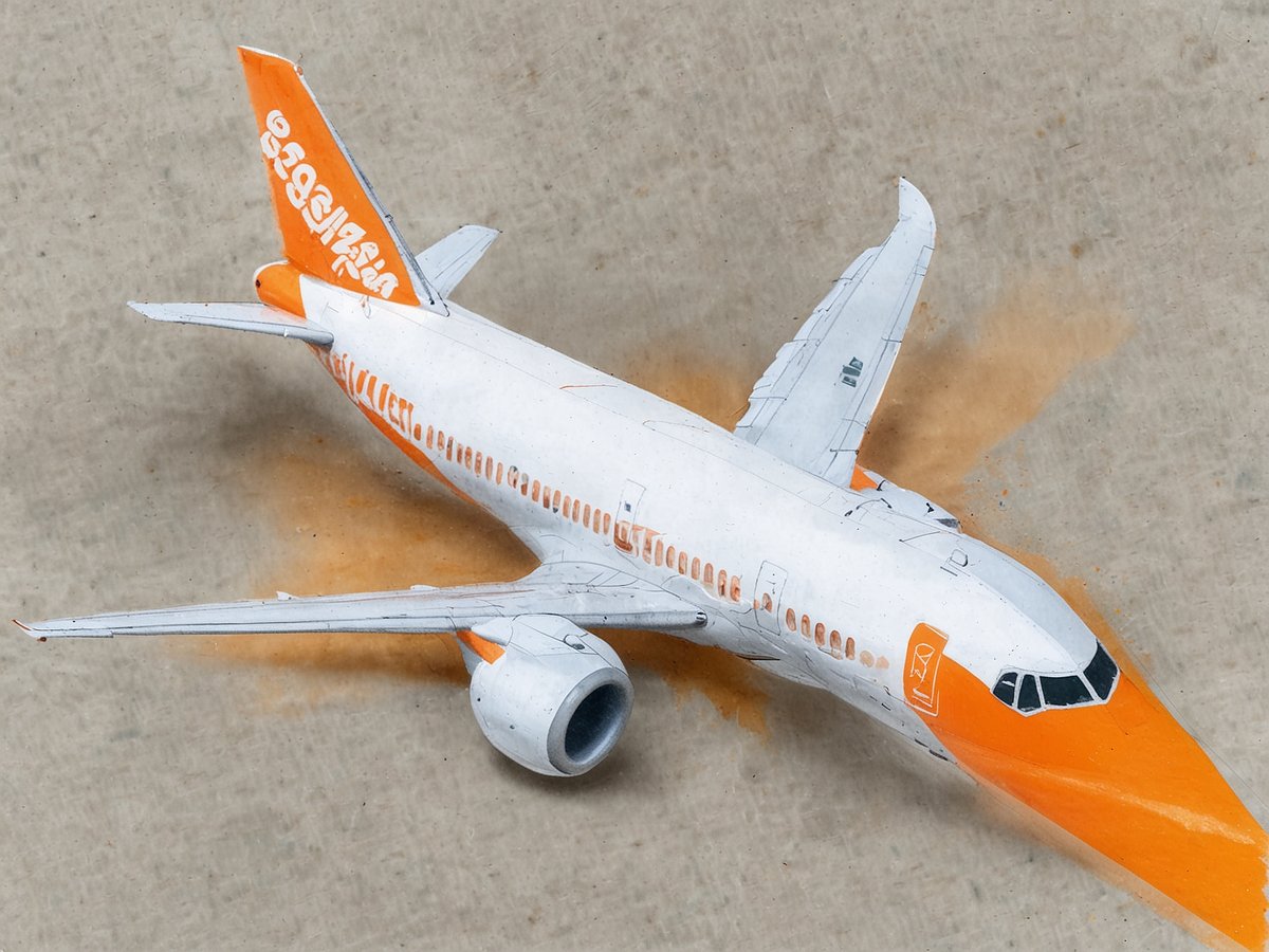 Ein Flugzeug der Airline easyJet ist auf einem neutralen Hintergrund zu sehen. Das Modell hat eine charakteristische orange-weiße Farbgebung mit dem Logo der Airline. Die Tragflächen sind weit ausgestreckt, und das Flugzeug ist aus einer oberen Perspektive abgebildet. Es gibt eine leichte Verschmutzung oder Farbveränderung auf der Unterseite, die einen realistischeren Effekt erzeugt.