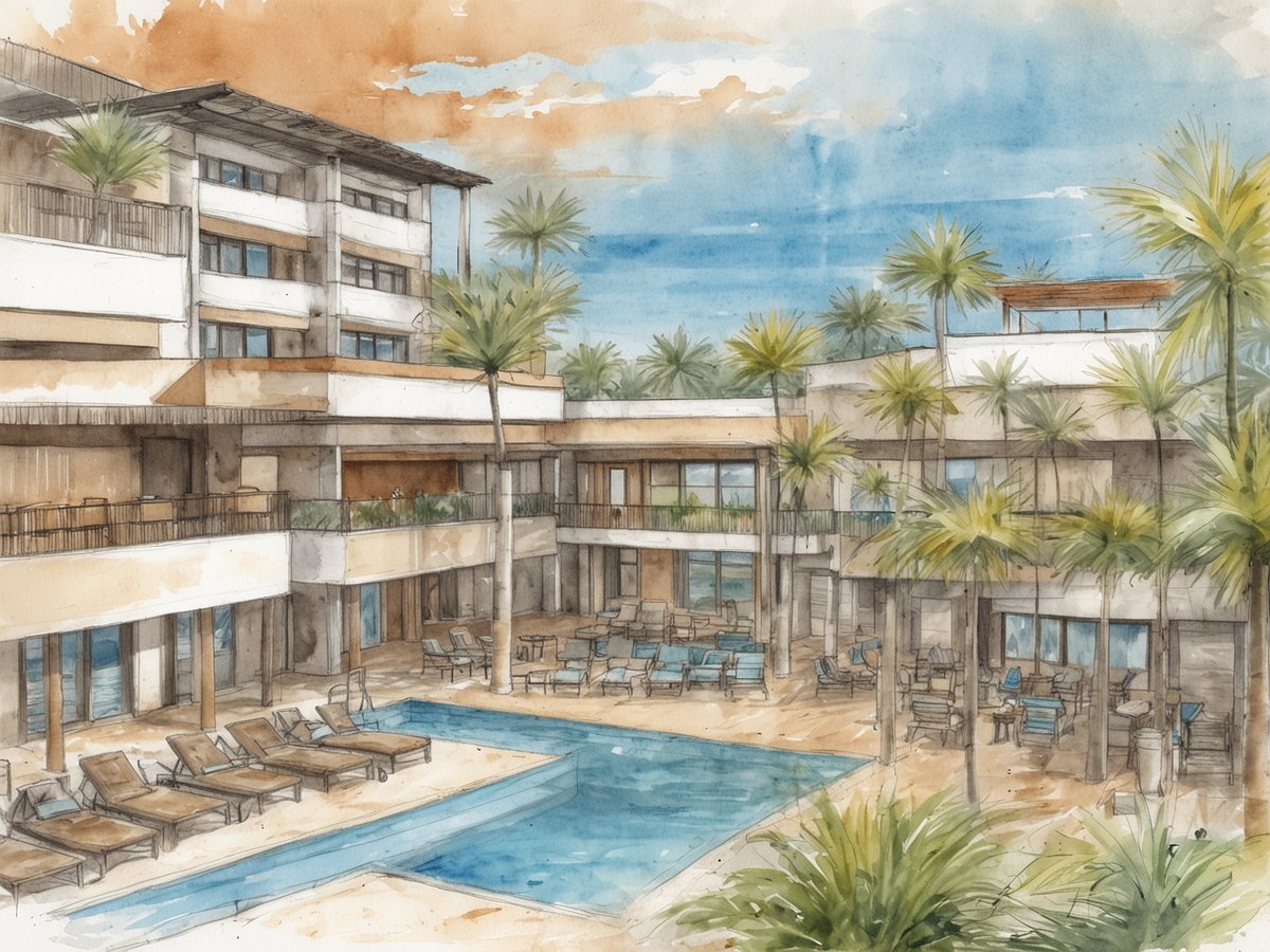 Eine watercolorartige Darstellung eines neuen Hotelkomplexes in der Dominikanischen Republik mit zwei INNSiDE Hotels in Punta Cana. Im Vordergrund befindet sich ein Poolbereich, umgeben von Liegen und Palmen. Die Architektur ist modern, mit mehreren Etagen, großen Fenstern und Balkonen. Der Himmel ist teilweise bewölkt, und die Farben sind warm und einladend, was eine entspannte Atmosphäre vermittelt. Die Strukturen sind um einen zentralen Innenhof gruppiert, der von üppiger Vegetation umgeben ist.