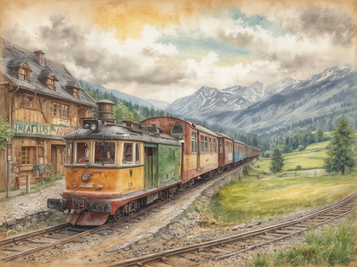 Ein nostalgischer Zug fährt durch eine malerische Landschaft mit sanften Hügeln und majestätischen Bergen im Hintergrund. Der Zug ist bunt lackiert, wobei die Lokomotive überwiegend gelb und grün ist. Im Vordergrund steht ein traditionelles, rustikales Holzhaus mit Fenstern und einem Schild. Die Szenerie wirkt friedlich und ländlich, mit einer sanften Vegetation und einem bewölkten Himmel, der die Atmosphäre des Augenblicks unterstreicht.