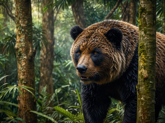 Auf dem Bild ist ein großer Bär zu sehen, der in einem dichten, tropischen Wald steht, möglicherweise in einem Gebiet, das eine reiche Biodiversität aufweist, wie das Chapare-Gebiet. Diese Region ist bekannt für ihre vielfältigen Pflanzen- und Tierarten, welche wichtige Lebensräume bieten. Der Bär könnte Teil der faszinierenden Tierwelt sein, die in solchen ökologisch reichen Gebieten zu finden ist.