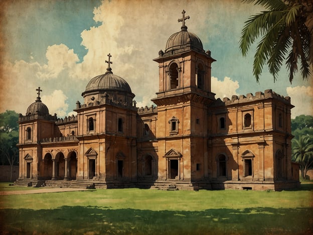 Auf dem Bild ist eine beeindruckende Kirche oder Mission zu sehen, die architektonisch an die Jesuitenmissionen erinnert. Diese Einrichtungen waren im 17. und 18. Jahrhundert bekannt für ihre bedeutende Rolle in der Verbreitung des Christentums in verschiedenen Regionen, insbesondere in Südamerika und Asien. Die Gebäude zeichnen sich oft durch kunstvolle Barockarchitektur und eine harmonische Integration in die Natur aus. Die Kuppeln und der Kreuzaufsatz deuten auf die religiöse Funktion des Bauwerks hin, während die umgebende Landschaft und die Palmen eine tropische Umgebung suggerieren, die typisch für viele der historischen Jesuitenmissionen ist.