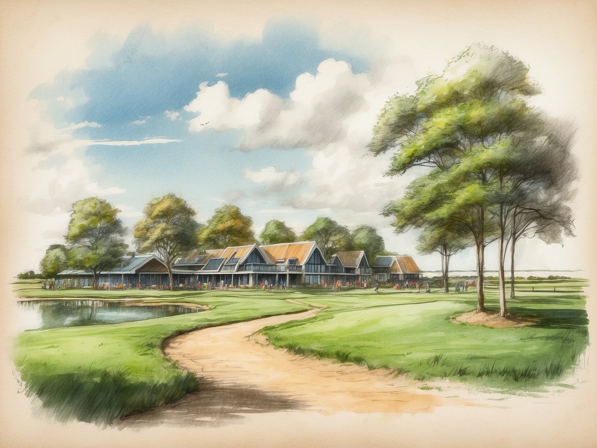 Das Bild zeigt die malerischen Unterkünfte von Landal GreenParks Sluftervallei in De Cocksdorp auf Texel. Im Vordergrund führt ein Sandweg durch die grüne Landschaft und verläuft entlang eines kleinen Teiches. Auf der linken Seite sind modern gestaltete Ferienhäuser mit schrägen Dächern und großen Fenstern zu sehen. Umgeben von Bäumen und einer grünen Wiese sind zahlreiche Besucher zu erkennen, die die Umgebung erkunden. Der Himmel ist freundlich mit einigen Wolken, was eine einladende Atmosphäre schafft.