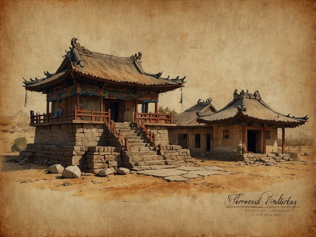 Auf dem Bild sind traditionelle asiatische Bauwerke zu sehen, die wahrscheinlich aus der mongolischen oder chinesischen Architektur stammen. Diese Gebäude sind oft Orte der spirituellen Praktiken und kulturellen Zeremonien.

Kulturell sind solche Strukturen oft mit dem Buddhismus oder dem Daoismus verbunden, wo sie als Tempel oder Meditationsstätten dienen. Sie vermitteln eine Verbindung zur Natur und zur Spiritualität, was sich in ihrer harmonischen und oft dekorativen Bauweise zeigt. Die Verwendung von Holz und Stein sowie die geschwungenen Dächer sind charakteristisch für diese Traditionen.

Spirituell sind solche Orte häufig bereichert mit Symbolen, die den Glauben und die Weisheit der jeweiligen Religion verkörpern. Sie ziehen Pilger und Besucher an, die Ruhe und Besinnung suchen. Die Umgebung könnte ebenfalls spirituelle Bedeutung haben, da in vielen asiatischen Kulturen bestimmte natürliche Landschaften als heilig gelten.