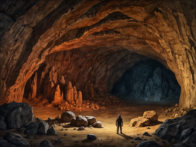 Auf dem Bild ist eine beeindruckende Höhlenlandschaft zu sehen, die an die Entdeckung der Cueva de las Galaxias erinnert. Der dramatische Lichtwechsel zwischen den hell erleuchteten Felsformationen und den dunklen, geheimnisvollen Bereichen der Höhle erzeugt eine faszinierende Atmosphäre. In der Mitte steht eine Person, die das Szenario erkundet, umgeben von großen Steinen und versunkenen Formationen, die möglicherweise an die Schönheit und Geheimnisse erinnern, die in einer solch außergewöhnlichen natürlichen Umgebung verborgen sind.