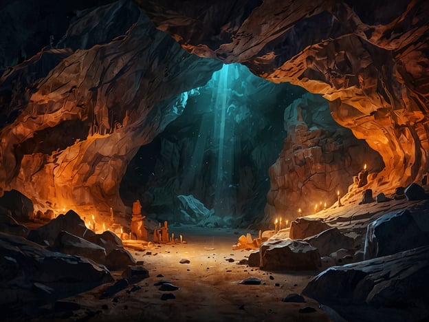 Auf dem Bild ist eine eindrucksvolle Höhle zu sehen, die an das Erlebnis in der Cueva de las Galaxias erinnert. Die Lichtstrahlen brechen durch die Öffnung an der Decke und tauchen den Innenraum in ein mystisches Licht. Auf dem Boden liegen große Felsen, und an den Wänden scheinen Lichtquellen oder Kerzen zu flackern, die eine geheimnisvolle Atmosphäre schaffen. Durch die verschiedenen Schattierungen und die dramatische Beleuchtung wirkt der Ort sowohl faszinierend als auch einladend zum Erkunden.