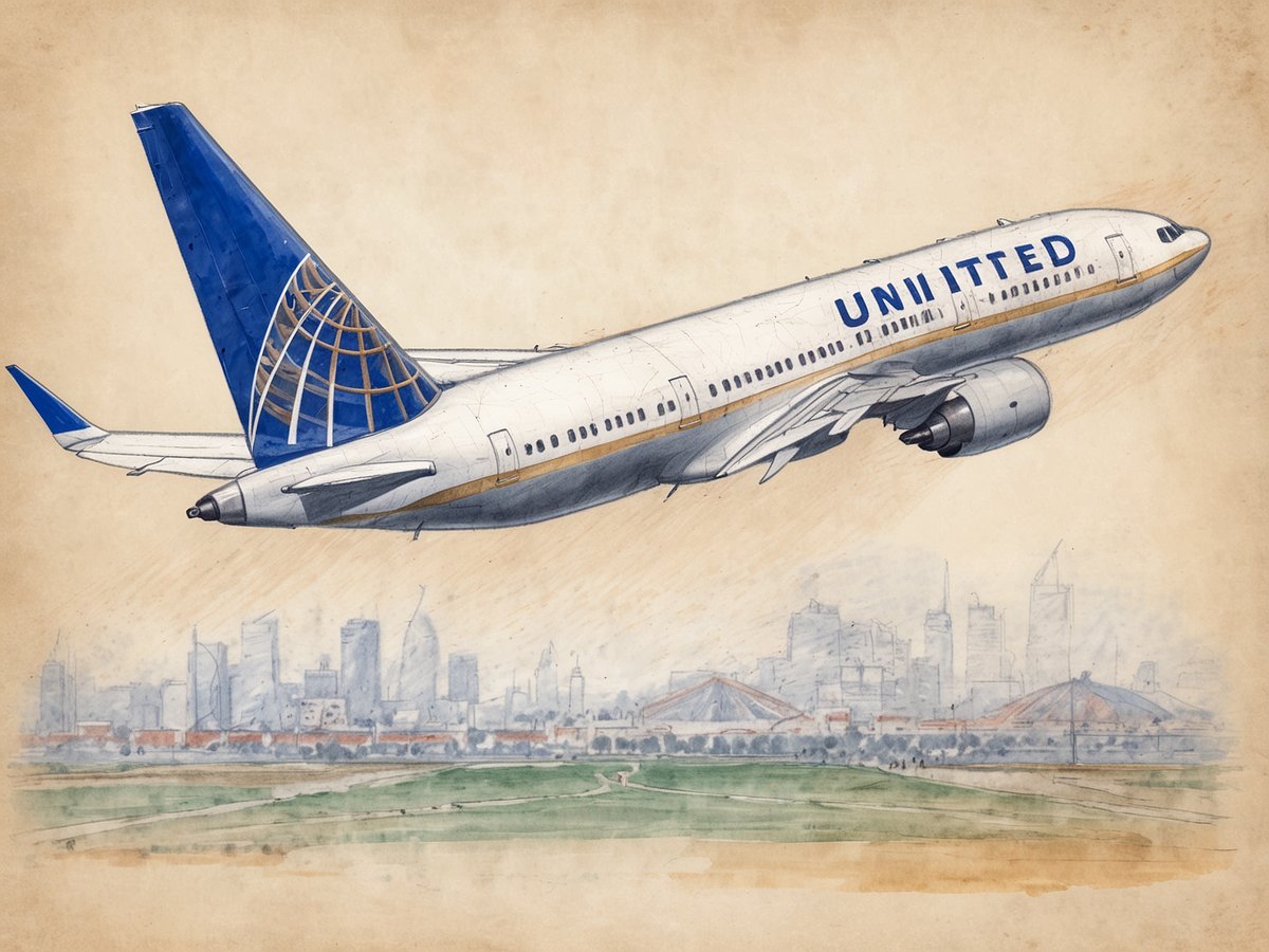 Ein United Airlines Flugzeug hebt ab und schwebt über einer Stadtlandschaft, die in sanften Aquarelltönen skizziert ist. Im Hintergrund sind moderne Gebäude und Brücken zu sehen, die in einer urbanen Umgebung angeordnet sind. Die Darstellung vermittelt ein Gefühl von Bewegung und Reise. Hinweis auf Turo: Sammle Meilen bei deiner nächsten Autovermietung.