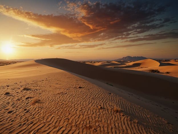 Auf dem Bild ist eine beeindruckende Landschaft der Lomas de Arena zu sehen. Sanfte Sanddünen erstrecken sich bis zum Horizont, beleuchtet von einem warmen Sonnenuntergang, der den Himmel in sanften Farben erstrahlen lässt. Die Wellen und Strukturen im Sand erzeugen ein faszinierendes Muster, das die Ruhe und Weite dieser einzigartigen Umgebung widerspiegelt. Die sanften Konturen der Dünen und das Spiel von Licht und Schatten schaffen eine magische Atmosphäre, die die Schönheit und Einsamkeit der Wüste betont.