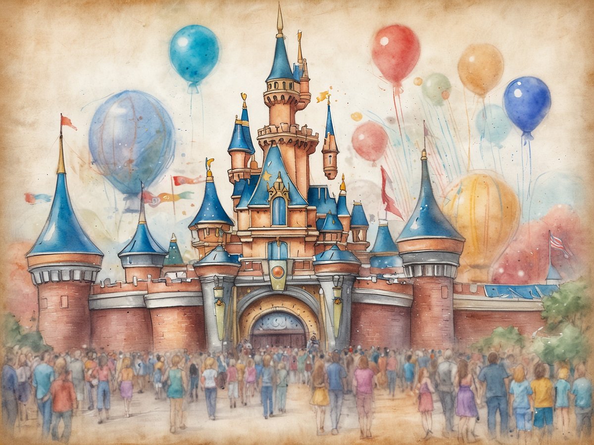 Das Bild zeigt das ikonische Märchenschloss in Disneyland, umgeben von fröhlichen Besuchern, die bei festlichen Feierlichkeiten zusammenkommen. Bunte Luftballons schweben über dem Schloss, während Fahnen an den Türmen wehen. Die gesamte Szene vermittelt eine festliche Atmosphäre und strahlt Freude und Magie aus, passend zum 70-jährigen Jubiläum von Disneyland.