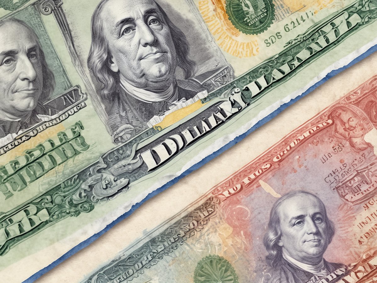 Zwei US-Dollarnoten sind auf einem Hintergrund aus hellem Papier abgebildet. Die obere Note zeigt eine grüne Färbung mit dem Konterfei von Benjamin Franklin, während die untere Note in verschiedenen Farbtönen von Rot und Orange gehalten ist und ebenfalls Franklin zeigt. Die Noten sind teilweise übereinandergelegt und heben verschiedene Sicherheitsmerkmale hervor, die bei der Überprüfung auf Fälschungen wichtig sind.