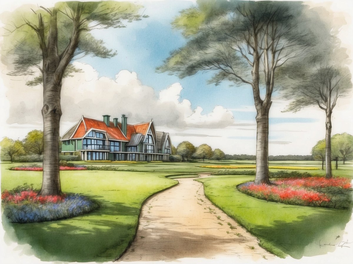 Die Illustration zeigt eine malerische Szenerie im Landal GreenParks Villapark Vogelmient in De Koog auf Texel. Im Vordergrund verläuft ein gepflasterter Weg durch eine grüne Wiese, umgeben von bunten Blumenbeeten. Im Hintergrund erheben sich stilvolle Villen mit roten Dächern und großzügigen Fenstern, umgeben von hohen Bäumen. Der Himmel ist klar mit einigen weißen Wolken, was eine einladende und entspannte Atmosphäre schafft.