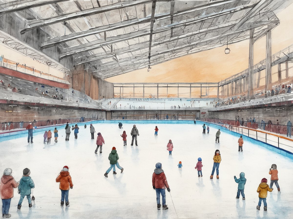 Eislaufen im Winterparadies: Zollverein-Eisbahn 2024/2025. Die Szenerie zeigt eine große Eislauffläche in einer modernen Halle. Zahlreiche Menschen, überwiegend Kinder und Familien, stehen und gleiten auf dem Eis. Einige tragen farbige Winterjacken und Mützen, während andere mit Schlittschuhen unterwegs sind. Im Hintergrund sieht man Zuschauer auf den Tribünen, die die Eisläufer beobachten. Der Himmel strahlt in sanften Orange- und Gelbtönen, was auf einen Sonnenuntergang hindeutet. Die gesamte Atmosphäre wirkt einladend und festlich.