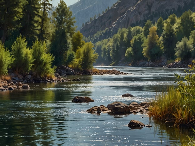 Auf dem Bild ist eine malerische Flusslandschaft zu sehen, die von grünen Bäumen und sanften Hügeln umgeben ist. Das Wasser des Flusses ist klar und reflektiert das Licht der Sonne, was eine ruhige und entspannende Atmosphäre schafft. An den Ufern sind einige Steine und Gräser zu erkennen, die die natürliche Schönheit des Gebiets unterstreichen. Diese beeindruckende Kulisse scheint ein wahres Paradies für Angler zu sein, wie man es am Bermejo finden könnte. Hier könnten Angler ideal ihre Zeit verbringen und die Ruhe der Natur genießen.