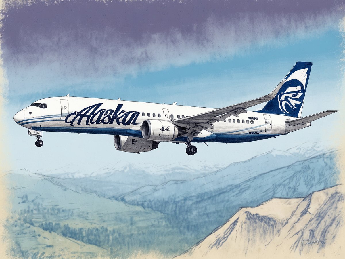 Ein Flugzeug der Alaska Airlines schwebt majestätisch über einer Berglandschaft. Der Himmel ist klar und die Berge im Hintergrund sind sanft gezeichnet, was dem Bild einen künstlerischen Touch verleiht. Die Flugzeugoberfläche ist in den typischen Farben von Alaska Airlines gehalten, mit dem Schriftzug Alaska auf der Seite und dem Emblem eines stilisierten Geistes auf dem Heck.