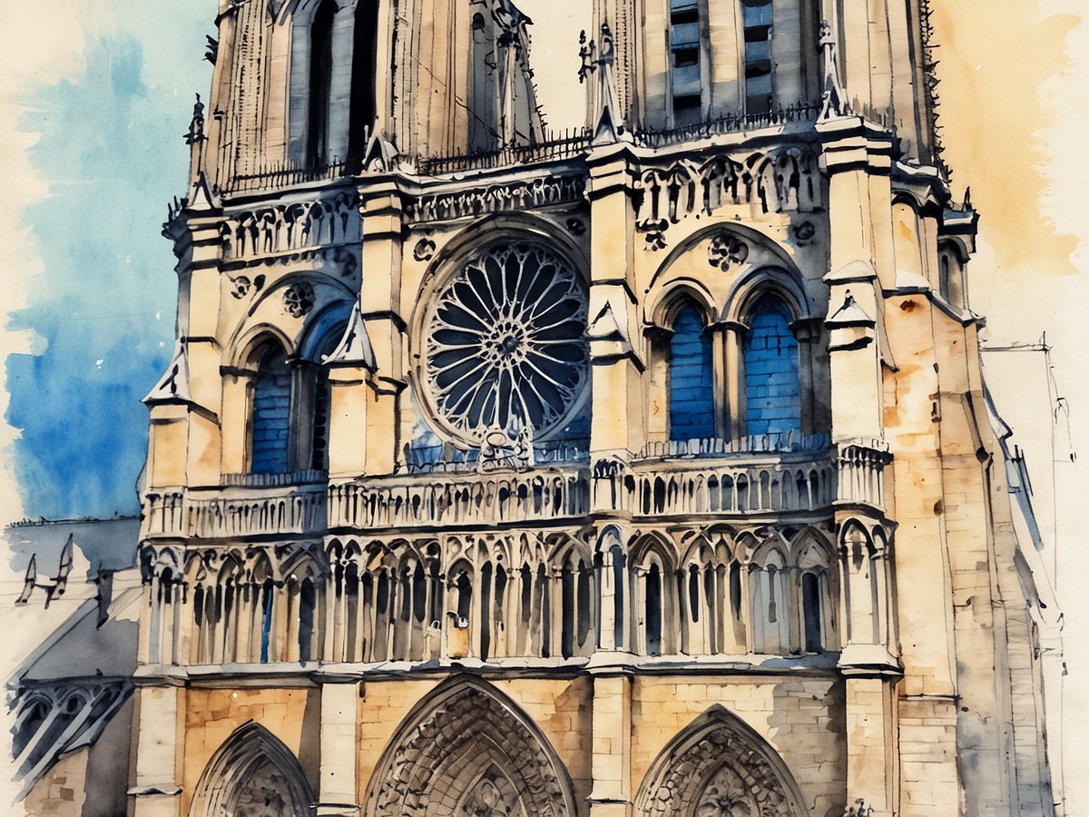 Die Fassade der Kathedrale Notre-Dame in Paris wird in einem künstlerischen Wasserfarbstil dargestellt. Majestätisch erhebt sich das gotische Bauwerk mit seinen charakteristischen Spitzbögen und einem großen Rosettenfenster in der Mitte. Die Details der Steinmetzarbeiten sind gut erkennbar, einschließlich dekorativer Elemente und Türmchen, während der Himmel im Hintergrund in sanften Blautönen leuchtet. Das Bild vermittelt ein Gefühl von Erhabenheit und historischem Erbe.