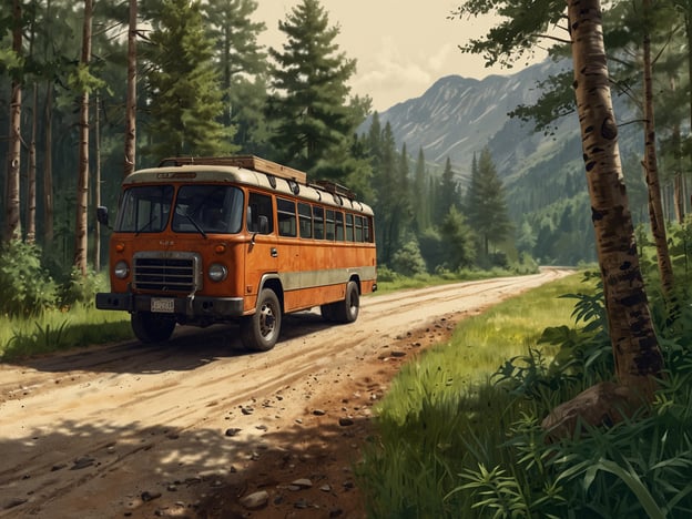 Auf dem Bild ist ein orangefarbener Bus auf einem unbefestigten Weg in einer bewaldeten Landschaft zu sehen. Die Umgebung ist geprägt von dichten Bäumen und einer malerischen Bergkulisse, die eine wichtige Rolle für den Schutz der natürlichen Ressourcen spielt. Solche Szenen erinnern uns daran, dass nachhaltiger Tourismus und umweltfreundliche Transportmittel, wie Busse, zur Reduzierung des ökologischen Fußabdrucks beitragen können. Es ist wichtig, die Schönheit der Natur zu bewahren und gleichzeitig nachhaltige Lösungen für Mobilität und Reiseerlebnisse zu fördern.