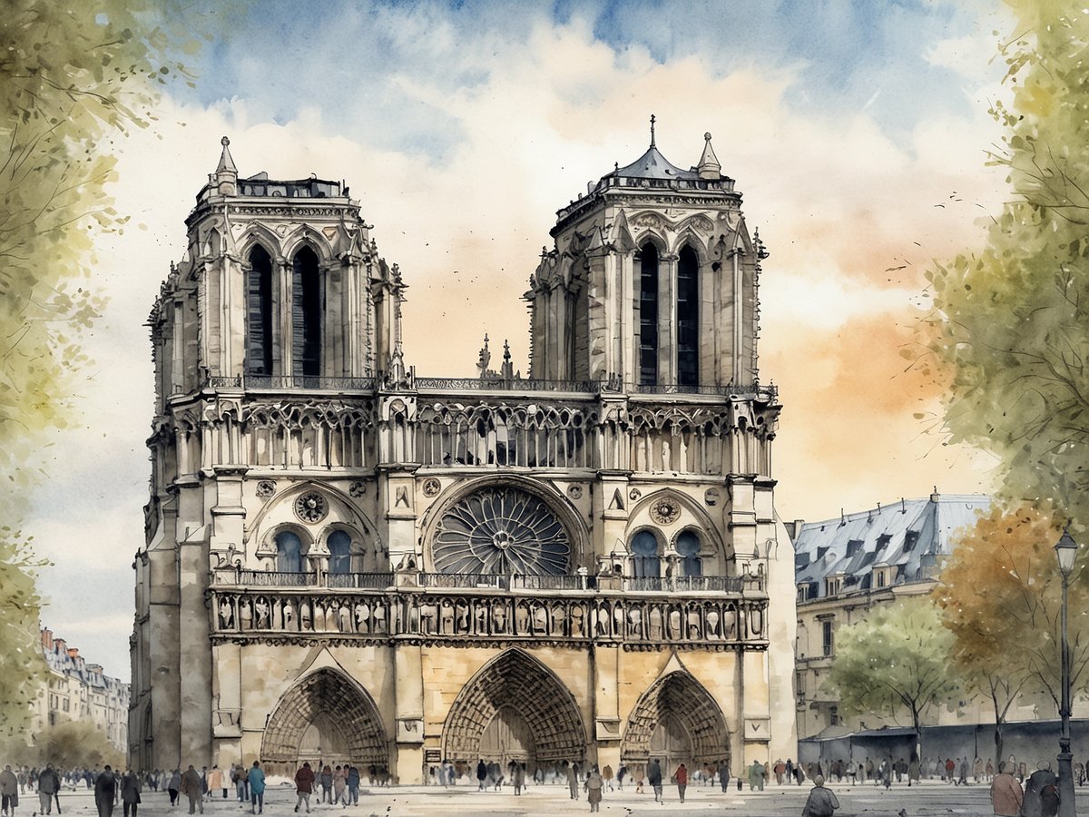 Die Notre-Dame in Paris, majestätisch und frisch restauriert, strahlt in warmen Farben des Sonnenuntergangs. Die detailreiche Fassade zeigt prächtige gotische Elemente, während die großen Fenster und Rosetten im Vordergrund sichtbar sind. Um die Kathedrale bewegen sich zahlreiche Menschen, und die Umgebung ist mit Bäumen und historischen Gebäuden geschmückt, die zur Atmosphäre des Ortes beitragen.