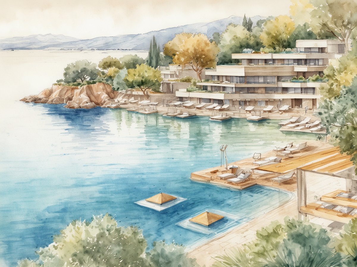 Eine malerische Ansicht des Four Seasons Luxusresorts in Porto Heli, Griechenland. Das Bild zeigt moderne Gebäude, die sanft am Wasser liegen, umgeben von üppiger Vegetation und Felsen. Das glitzernde Wasser reflektiert die Farben des Himmels und der Landschaft. Entlang des Ufers befinden sich elegante Liegen und Sonnenschirme, die zum Entspannen einladen. Kleine, stilvolle Plattformen im Wasser fügen dem Gesamtbild eine zusätzliche Note hinzu. Im Hintergrund sind sanfte Hügel und eine ruhige Küstenlinie zu erkennen, die die idyllische Atmosphäre des Resorts unterstreichen.