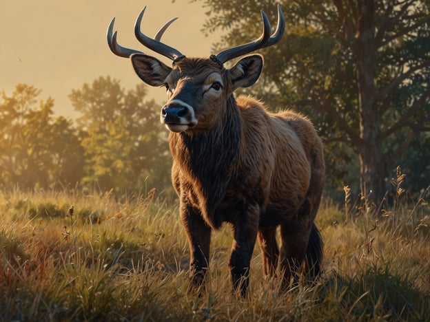 Auf dem Bild ist ein Tier mit Schaufeln zu sehen, das wahrscheinlich ein Bock oder ein ähnliches Tier ist. Es steht in einer malerischen, bewachsenen Landschaft und wird von sanftem, warmem Licht beleuchtet, was auf die frühen Morgen- oder späten Abendstunden hindeutet. 

Die besten Zeiten für die Tierbeobachtung sind in der Regel die Dämmerungsphasen, also früh am Morgen oder spät am Nachmittag, wenn die Tiere besonders aktiv sind und sich oft in der Nähe von Wasserstellen oder Futterplätzen aufhalten.