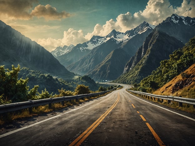 Auf dem Bild ist eine kurvenreiche Straße zu sehen, die durch eine malerische, bergige Landschaft führt. Umgeben von hohen Bergen und grünen Hügeln vermittelt die Szene ein Gefühl von Freiheit und Abenteuer. Diese Atmosphäre erinnert an die Yungas-Straße, ein gefährliches Abenteuer in Bolivien, bekannt für ihre atemberaubenden Ausblicke und zugleich riskanten Fahrbedingungen. Die Kombination aus Natur undstraße schafft eine beeindruckende, aber auch herausfordernde Kulisse für Reisende.