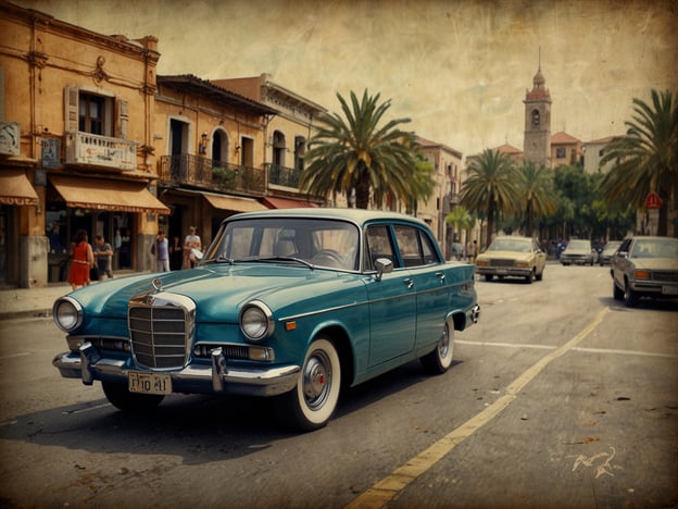 Auf dem Bild ist ein klassisches Auto, vermutlich ein älteres Modell einer Mercedes-Benz-Limousine, zu sehen, das durch eine charmante, mediterrane Stadt fährt. Die Straßen sind gesäumt von Palmen und historischen Gebäuden, die eine einladende Atmosphäre schaffen. Im Hintergrund sind einige Passanten und weitere Autos zu erkennen.

### Tipps für den perfekten Besuch:

1. **Erkunden Sie die Umgebung**: Nehmen Sie sich Zeit, um die Architektur und die kleinen Geschäfte zu genießen. Oft gibt es versteckte Cafés oder Märkte, die einen Besuch wert sind.

2. **Lokale Speisen probieren**: Suchen Sie nach Restaurants oder Straßenständen, die regionale Gerichte anbieten. Essen ist ein wichtiger Teil der Kultur!

3. **Kamera mitnehmen**: Vergessen Sie nicht, Fotos von der einzigartigen Kulisse zu machen. Die Mischung aus alten Gebäuden und modernen Elementen bietet viele Fotomomente.

4. **Früh ankommen**: Wenn möglich, starten Sie Ihren Tag früh, um die touristischen Hotspots zu vermeiden und die Stadt in Ruhe zu genießen.

5. **Gespräche führen**: Sprechen Sie mit Einheimischen, um Insider-Empfehlungen zu erhalten. Sie können wertvolle Tipps geben, wo man am besten essen oder interessante Orte besuchen kann.

Genießen Sie Ihren Besuch!