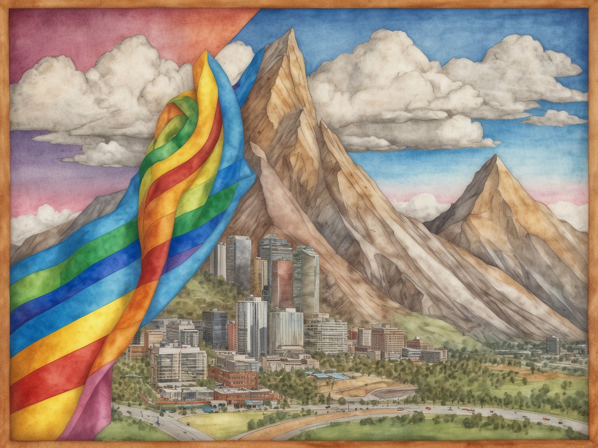 Eine farbenfrohe Darstellung der Rocky Mountains mit dem Stadtbild von Denver im Vordergrund. Über einer dynamischen Landschaft weht ein wunderschöner Regenbogen, der Symbol für Einheit und Stolz ist. Die Wolken am Himmel verleihen der Szenerie eine friedliche Atmosphäre, während die imposanten Berge im Hintergrund majestätisch aufragen. Diese künstlerische Komposition vermittelt einen einladenden und feierlichen Geist, passend zu den Gay Games 2030.