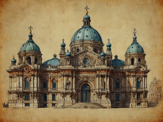 Auf dem Bild ist ein prachtvolles Gebäude im Stil des Barock zu sehen. Die Architektur zeichnet sich durch dynamische Formen, reichhaltige Ornamentik und beeindruckende Kuppeln aus. Die Verwendung von geschwungenen Linien und die symmetrische Anordnung sind charakteristisch für diese Epoche. Die Fassade zeigt kunstvolle Verzierungen, die typisch für das architektonische Erbe des Barock sind, während die Kuppeln mit Zwiebel- oder Tambourformen gestaltet sind. Insgesamt vermittelt das Bauwerk einen majestätischen und erhabenen Eindruck, der die Pracht und den Reichtum dieser bedeutenden Epochen der Architektur widerspiegelt.