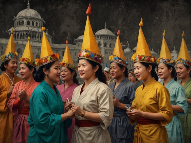 Auf dem Bild sind mehrere Frauen in traditioneller Kleidung zu sehen, die bunte, spitze Hüte tragen. Diese Art von Darstellung könnte auf Festlichkeiten und kulturelle Feierlichkeiten aus einer Region mit stark ausgeprägten Traditionen hindeuten, möglicherweise aus Ostasien oder einer spezifischen ethnischen Gemeinschaft. 

Die Farben der Gewänder und der Hüte könnten symbolisch für verschiedene Aspekte der Kultur stehen, wie z.B. das Feiern von Erntefesten oder religiösen Zeremonien. Solche Feiern sind oft mit Tänzen, Gesang und gemeinschaftlichem Beisammensein verbunden, was die Bedeutung von Gemeinschaft und Tradition in vielen Kulturen betont. 

Die Ansammlung der Frauen könnte auf ein Ritual oder eine besondere Veranstaltung hinweisen, bei der Gemeinsamkeit und Teilhabe gefeiert werden. Die Hüte, die oft mit Blumen oder anderen dekorativen Elementen geschmückt sind, verdeutlichen den festlichen Charakter und eine Verbundenheit zur Natur. Solche Traditionen fördern häufig den Zusammenhalt innerhalb der Gemeinschaft und die Weitergabe von Bräuchen von Generation zu Generation.