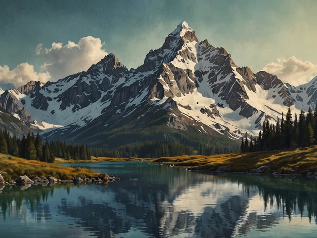 Auf dem Bild ist die majestätische Präsenz des Nevado Illimani zu sehen. Im Vordergrund erstreckt sich ein ruhiger, reflektierender See, umgeben von einer üppigen grünen Landschaft. Im Hintergrund erheben sich majestätische, schneebedeckte Berge unter einem klaren Himmel mit einigen Wolken. Die Kombination aus Wasser, Bergen und der üppigen Vegetation schafft eine harmonische und beeindruckende Szenerie der Natur.