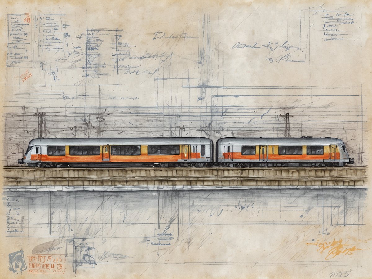 Das Bild zeigt eine stilisierte Zeichnung eines Zugs auf einem Bahnsteig. Der Zug hat eine moderne Form mit silberner und orangefarbener Lackierung. Im Hintergrund sind technische Skizzen und Notizen zu sehen, die eine Entwurfsatmosphäre schaffen. Die Komposition vermittelt einen industriellen und künstlerischen Eindruck. Es sind auch einige gepunktete Linien und skizzierte Elemente zu erkennen, die den Prozess des Zugdesigns darstellen. Die Szene ist auf einem hellen Papierhintergrund platziert, was den technischen Charakter unterstreicht.