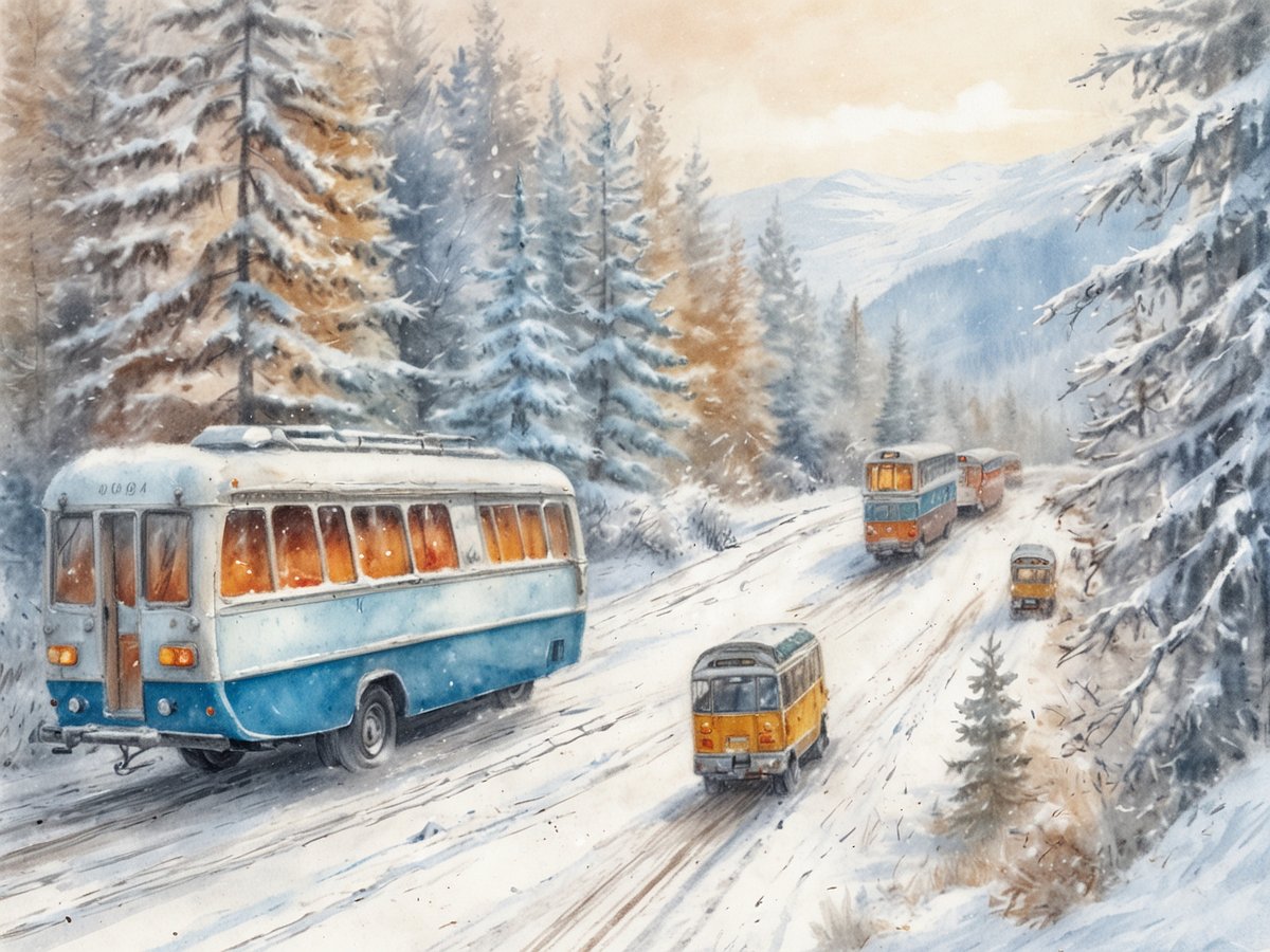 Eine winterliche Landschaft mit schneebedeckten Bäumen und sanften Hügeln im Hintergrund. Auf einer kurvigen Straße fahren mehrere fahrende Fahrzeuge, darunter ein blauer Bus und kleinere gelbe und orangefarbene Busse, die durch den frischen Schnee gleiten. Die Fenster der Busse sind erleuchtet, was eine gemütliche Atmosphäre vermittelt. Das Szenario strahlt eine friedliche und beschauliche Stimmung aus, die typisch für einen Übergang in die Winterferien ist.