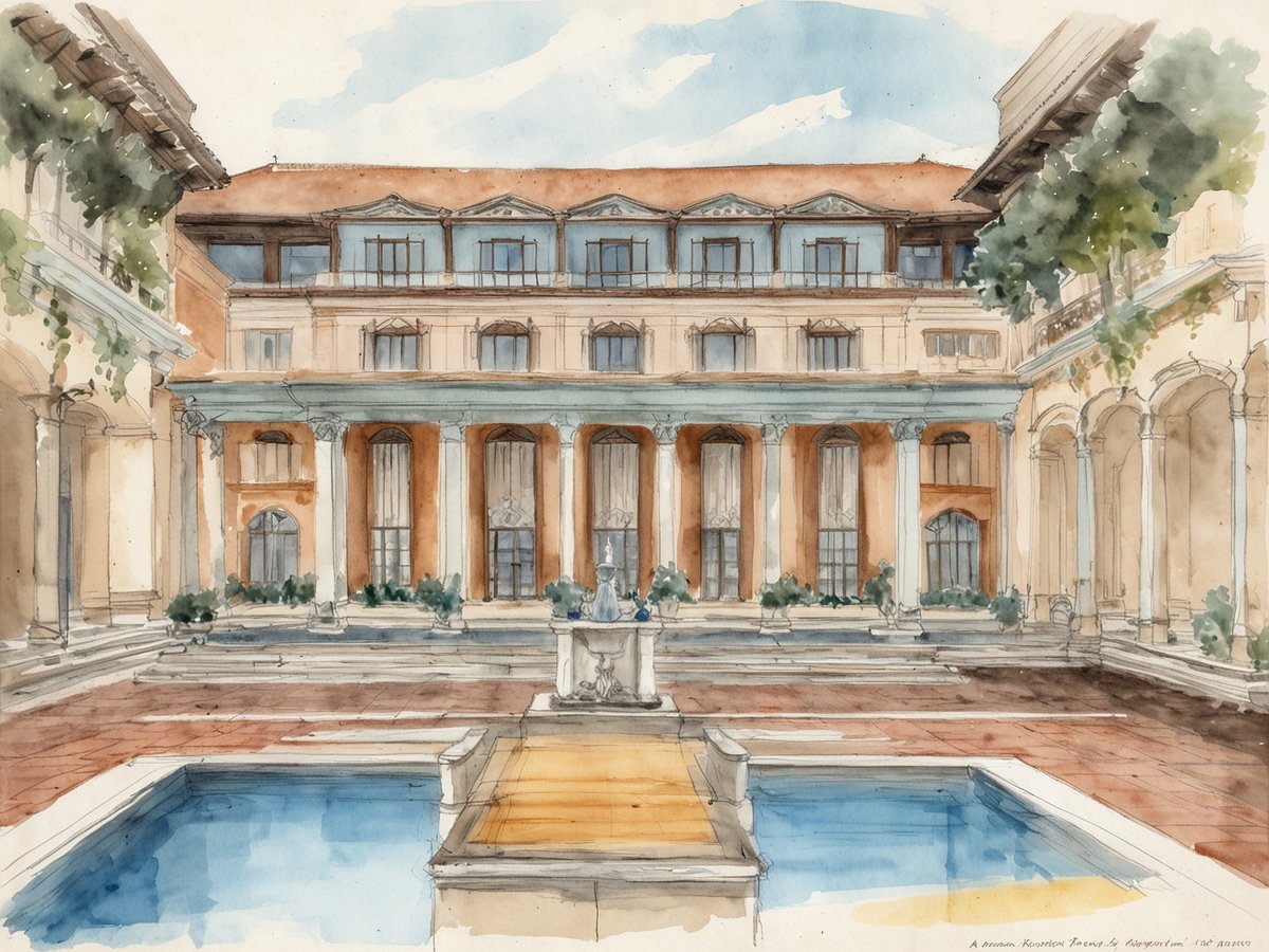 Die Zeichnung zeigt den Innenhof des Luxushotels Langham Huntington in Pasadena, umgeben von eleganten Säulen und einem charmanten Wasserbecken in der Mitte. Der zweigeschossige Gebäudeteil im Hintergrund ist von großen Fenstern geprägt, die viel Licht hereinlassen. Die Architektur ist im klassischen Stil gehalten und wird von Pflanzen und Bäumen gesäumt, die dem Ort eine einladende Atmosphäre verleihen. Der Himmel ist hell und blau, was die ruhige Eleganz des gesamten Areals unterstreicht.