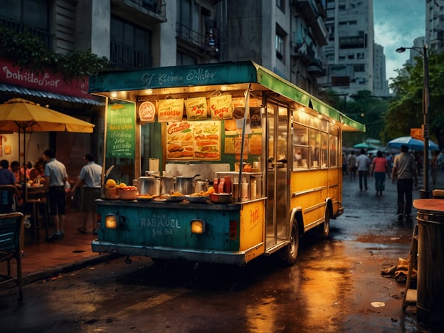 Auf dem Bild ist ein farbenfroher Food Truck zu sehen, der in einer belebten Straße von São Paulo steht. Der Truck bietet eine Vielzahl von köstlichen Speisen an, die typisch für die kulinarische Szene der Stadt sind. Vielleicht gibt es verschiedene Arten von Sandwiches, Snacks oder regionale Spezialitäten. Die Umgebung wirkt lebhaft und einladend, mit Menschen, die sich um den Truck versammeln, um die Angebote zu genießen. Diese Art von Street Food ist ein wesentlicher Bestandteil der kulinarischen Entdeckungen in São Paulo, wo die Vielfalt an Aromen und Gerichten die Multikulturalität der Stadt widerspiegelt.