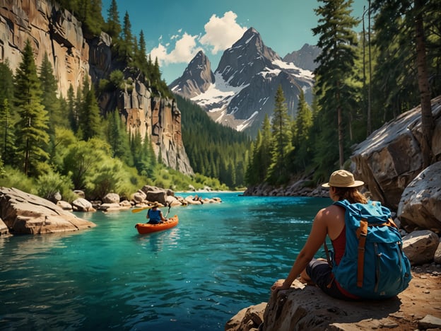 Auf dem Bild sieht man eine beeindruckende Naturlandschaft mit hohen Bergen und dichten Wäldern, umgeben von einem klaren, türkisfarbenen Fluss. Ein Abenteuerliebhaber sitzt auf einem Stein am Ufer und genießt die Aussicht, während ein anderer Paddler im Kanu den Fluss hinunterfährt. 

Für Abenteurer und Naturfreunde gibt es hier viele Aktivitäten: 

1. **Kajakfahren**: Erleben Sie die Natur vom Wasser aus und erkunden Sie versteckte Buchten und ruhige Stellen entlang des Flusses.
2. **Wandern**: Die Umgebung bietet zahlreiche Wanderwege mit unterschiedlichen Schwierigkeitsgraden, die durch atemberaubende Landschaften führen.
3. **Fotografie**: Halten Sie die wunderschöne Natur und die spektakulären Ausblicke fest.
4. **Wildtierbeobachtung**: Achten Sie auf die lokale Tierwelt in den Wäldern und im Wasser.
5. **Camping**: Übernachten Sie in der Natur und genießen Sie die Sterne in der klaren Nacht. 

Diese Umgebung lädt zu einer Vielzahl von Aktivitäten ein, die das Abenteuer und die Schönheit der Natur in den Vordergrund stellen.