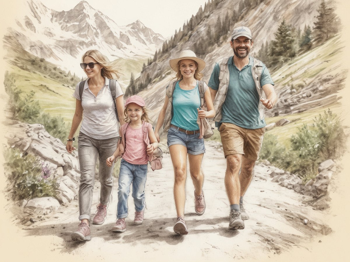 Eine fröhliche Familie wandert auf einem malerischen Weg im Raurisertal. Die Eltern und zwei Kinder genießen die Natur, umgeben von grünen Wiesen und hohen Bergen. Die Sonne scheint, und alle tragen bequeme Wanderkleidung sowie Hüte gegen die Sonne. Die Kinder lachen und halten sich an den Händen, während die Erwachsenen entspannt lächeln. Diese Szene symbolisiert Spaß und Entspannung im Familienurlaub in der Natur.