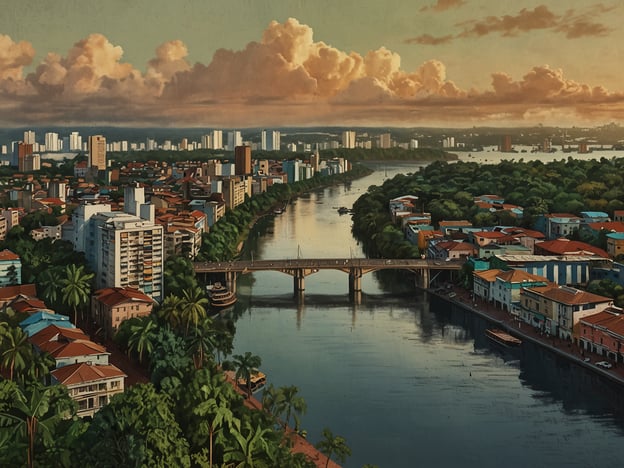 Auf dem Bild sieht man eine malerische Aussicht auf eine Stadt, die von Wasser und üppiger Vegetation umgeben ist. In der Mitte fließt ein Fluss, der von Gebäuden und Wohnhäusern gesäumt wird. Über dem Fluss führt eine Brücke, die die beiden Ufer verbindet. Im Hintergrund sind moderne Hochhäuser sichtbar, die einen Kontrast zur dichten grünen Umgebung bilden. Diese Szenerie könnte gut zu Manaus passen, dem Tor zum Amazonas, das bekannt ist für seine beeindruckende Natur und seine Bedeutung als Eingang zum Amazonasgebiet.