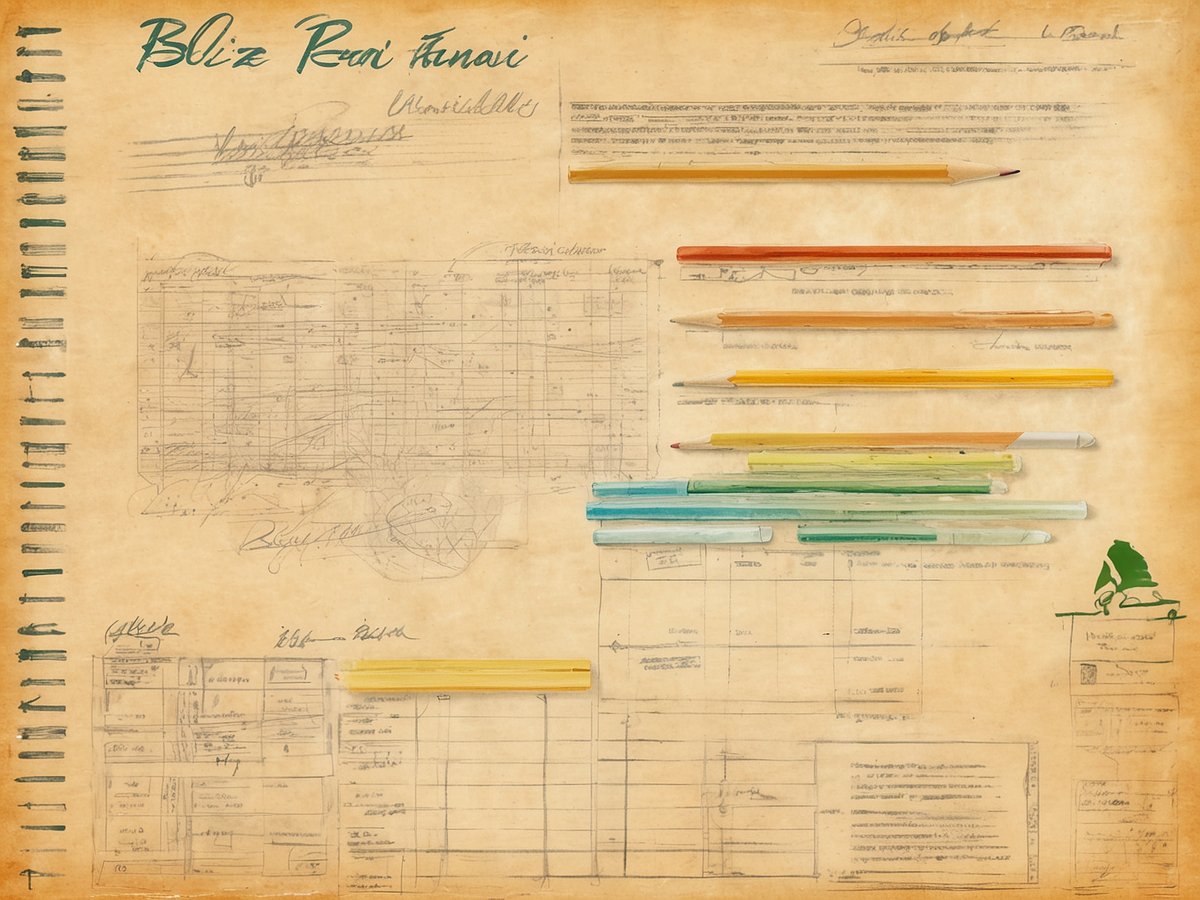 Das Bild zeigt eine illustrative Darstellung eines digitalen Einreise- und Zollsystems für Belize. Im Vordergrund sind verschiedene Tabellen und Formularfelder abgebildet, die teilweise handschriftliche Notizen und Zeichnungen enthalten. Oberhalb sind mehrere Buntstifte in verschiedenen Farben angeordnet, die anscheinend zur Markierung oder Unterstützung der Informationen dienen. Der Hintergrund hat einen sanften, beige Farbton, was dem gesamten Bild ein nostalgisches Aussehen verleiht. In der unteren rechten Ecke befindet sich eine stilisierte Zeichnung eines Mannes, der an einem Tisch sitzt und arbeitet.