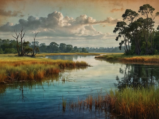 Auf dem Bild ist eine ruhige Wasserlandschaft mit üppigem Grün und schilfigen Uferzonen zu sehen. Das Panorama erinnert an das Pantanal, das größte tropische Feuchtgebiet der Welt, das für seine vielfältige Pflanzenwelt bekannt ist. Hier finden sich häufig Arten wie Wasserhyazinthen und verschiedene Gräser, die mit dem saisonalen Wasserstand harmonieren. Die üppigen Bäume im Hintergrund könnten zu den typischen Baumbeständen gehören, die in dieser Region gedeihen und Lebensraum für zahlreiche Tierarten bieten. Die Spiegelung im Wasser verstärkt die natürliche Schönheit dieser Landschaft.