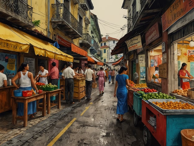 Das Bild zeigt eine lebendige Marktstraße in Salvador, wo verschiedene Standbesitzer frisches Obst und Gemüse anbieten. Die bunten Stände sind reich gedeckt mit einer Vielzahl von saisonalen Produkten, darunter Tomaten, Limetten und andere köstliche Früchte. Menschen aus der Umgebung schlendern durch die Gassen, während sie die lokale Atmosphäre und die gastronomischen Köstlichkeiten genießen. Diese kulinarische Entdeckungsreise durch Salvador spiegelt die Vielfalt der frischen Zutaten wider, die in der bahianischen Küche eine zentrale Rolle spielen. Die Farben und das geschäftige Treiben der Marktbesucher schaffen eine einladende, lebhafte Stimmung und laden dazu ein, die exotischen Aromen der Region zu entdecken.